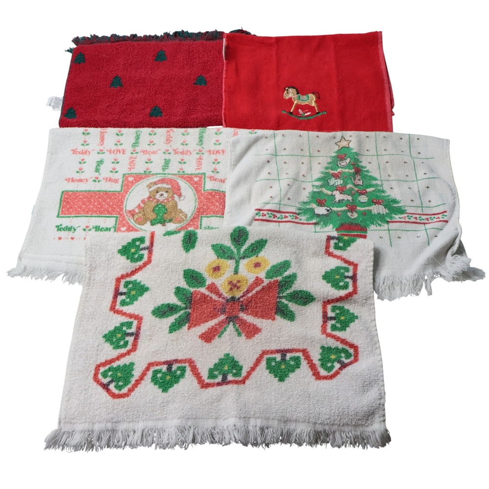 Vintage Christmas Hand Towel Lot of 5 Simtex‎ Franco Cotton Holiday Decor Kitsch
